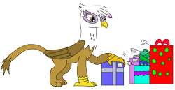 Size: 3198x1645 | Tagged: safe, artist:supahdonarudo, derpibooru import, gilda, griffon, christmas, christmas presents, holding, holiday, present, simple background, transparent background