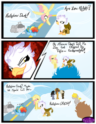Size: 3500x4500 | Tagged: safe, artist:becauseimpink, derpibooru import, butterscotch, dumb belle, dumbbell, fluttershy, gilda, guilder, hoops, quarterback, rainbow dash, griffon, pegasus, pony, comic:transition, colt, comic, dialogue, female, filly, filly fluttershy, filly rainbow dash, flying, male, rule 63, smiling, smirk, transgender, trash can, younger