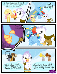 Size: 3500x4500 | Tagged: safe, artist:becauseimpink, derpibooru import, butterscotch, dumb belle, dumbbell, fluttershy, gilda, guilder, hoops, quarterback, rainbow dash, griffon, pegasus, pony, comic:transition, angry, colt, comic, dialogue, female, filly, filly fluttershy, filly rainbow dash, male, rule 63, transgender, yelling, younger