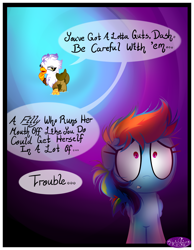 Size: 3500x4500 | Tagged: safe, artist:becauseimpink, derpibooru import, gilda, guilder, rainbow dash, griffon, pegasus, pony, comic:transition, abstract background, comic, dialogue, female, filly, filly rainbow dash, rule 63, sad, speech, transgender, younger