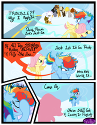 Size: 3500x4500 | Tagged: safe, artist:becauseimpink, derpibooru import, dumb belle, dumbbell, fluttershy, gilda, guilder, hoops, quarterback, rainbow dash, griffon, pegasus, pony, comic:transition, angry, cloud, colt, comic, dialogue, facehoof, female, filly, filly fluttershy, filly rainbow dash, hair over one eye, male, messy mane, one eye closed, open mouth, rule 63, transgender, wink, younger