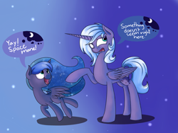 Size: 3375x2543 | Tagged: safe, artist:crazypon3, princess luna, body swap, cute, filly, mane swap, s1 luna, self ponidox, smiling, speech bubble, time paradox, woona