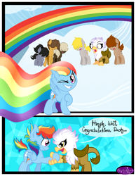 Size: 3500x4500 | Tagged: safe, artist:becauseimpink, derpibooru import, dumb belle, dumbbell, gilda, guilder, hoops, quarterback, rainbow dash, griffon, pegasus, pony, comic:transition, cloud, colt, comic, dialogue, female, filly, filly rainbow dash, flying, grin, handshake, male, on a cloud, one eye closed, rainbow trail, raised hoof, rule 63, smiling, surprised, transgender, wink, younger