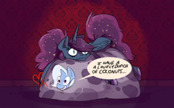 Size: 700x434 | Tagged: safe, artist:fauxsquared, artist:herny, edit, princess luna, trixie, alicorn, pony, beanbag chair, heart, i've got a lovely bunch of coconuts, luna-afterdark, merv griffin