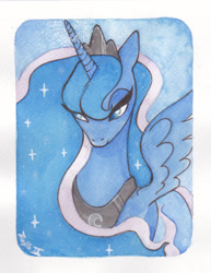 Size: 900x1166 | Tagged: safe, artist:trefleix, princess luna, alicorn, pony, bust, crown, ethereal mane, jewelry, lidded eyes, regalia, solo, starry mane, traditional art, watercolor painting