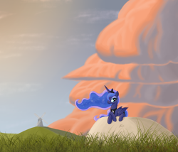 Size: 1600x1370 | Tagged: safe, artist:kasaler, princess luna, alicorn, pony, female, mare, prone, scenery, solo, windmill