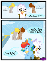 Size: 3500x4500 | Tagged: safe, artist:becauseimpink, derpibooru import, gilda, guilder, rainbow dash, griffon, pegasus, pony, comic:transition, cloud, comic, dialogue, female, filly, filly rainbow dash, grin, raised hoof, rule 63, side hug, smiling, transgender, younger