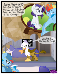 Size: 3500x4500 | Tagged: safe, artist:becauseimpink, derpibooru import, elusive, gilda, guilder, rainbow blitz, rainbow dash, rarity, griffon, pegasus, pony, unicorn, comic:transition, bed, comic, dialogue, female, male, mare, reading, rule 63, sitting, sofa, stallion, transgender, unshorn fetlocks