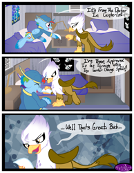 Size: 3500x4500 | Tagged: safe, artist:becauseimpink, derpibooru import, gilda, guilder, rainbow dash, griffon, pegasus, pony, comic:transition, bed, cap, clothes, comic, dialogue, eyes closed, female, hat, lying down, mare, pillow, reading, rule 63, transgender, unshorn fetlocks