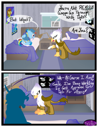 Size: 3500x4500 | Tagged: safe, artist:becauseimpink, derpibooru import, gilda, guilder, rainbow dash, griffon, pegasus, pony, comic:transition, annoyed, bed, cap, clothes, comic, dialogue, female, hat, mare, pillow, rule 63, transgender, unshorn fetlocks