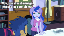 Size: 960x540 | Tagged: safe, flash sentry, princess luna, twilight sparkle, vice principal luna, equestria girls, equestria girls (movie), image macro, luna is not amused, luna's office, meme, unamused