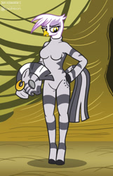 Size: 588x911 | Tagged: safe, artist:foxbeast, derpibooru import, gilda, zecora, anthro, griffon, unguligrade anthro, zebra, arm hooves, barbie doll anatomy, bodysuit, breasts, character to character, clothes, cosplay, costume, disguise, featureless breasts, female, mask, masking, ponysuit, solo, wat