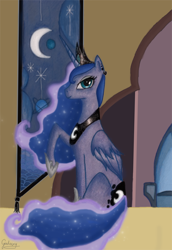 Size: 500x725 | Tagged: safe, artist:xxgalaxy, princess luna, alicorn, pony, raised hoof, sitting, solo, throne