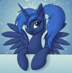 Size: 1978x2000 | Tagged: safe, artist:skipsy, princess luna, alicorn, pony, alternate hairstyle, bust, cute, female, leaning, looking at you, lunabetes, mare, missing accessory, paint tool sai, ponytail, portrait, smiling, solo, spread wings, wings