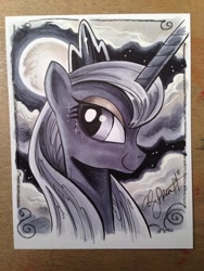 Size: 768x1024 | Tagged: safe, artist:andypriceart, princess luna, alicorn, pony, monochrome, portrait, solo, traditional art