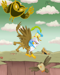 Size: 765x956 | Tagged: safe, artist:kelseyleah, derpibooru import, gilda, owlowiscious, bird, goose, griffon, owl, adventure time, choose goose, cosmic owl