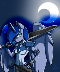 Size: 1500x1800 | Tagged: safe, artist:xonitum, princess luna, anthro, looking at you, moon, solo, sword, warrior luna, weapon