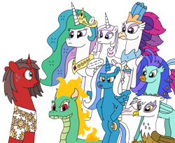 Size: 3127x2564 | Tagged: safe, artist:supahdonarudo, derpibooru import, fleur-de-lis, gilda, princess celestia, queen novo, tianhuo, oc, oc:fleurbelle, oc:ironyoshi, oc:sea lilly, alicorn, classical hippogriff, dragon, griffon, hippogriff, hybrid, longma, pony, unicorn, them's fightin' herds, my little pony: the movie, alicorn oc, bow, clothes, decision, dialogue, hooves on hips, mane of fire, shirt, simple background, speech bubble, sweat, this will not end well, transparent background, waifu