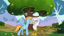 Size: 900x506 | Tagged: safe, artist:pustulioooooo, derpibooru import, gilda, rainbow dash, oc, oc:harmony star, alicorn, griffon, pegasus, pony, alicorn oc, blushing, cutie mark, kissing, male, stallion, tree