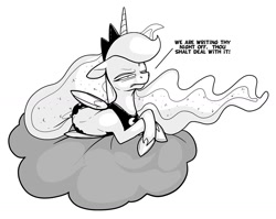 Size: 1280x1017 | Tagged: safe, artist:secoh2000, princess luna, alicorn, pony, cloud, grayscale, monochrome, prone, solo