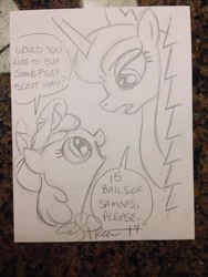 Size: 768x1024 | Tagged: safe, artist:andypriceart, apple bloom, princess luna, alicorn, pony, filly guides, girl scout, monochrome, traditional art