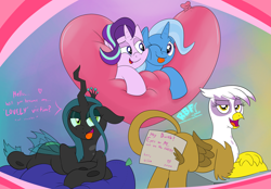 Size: 4943x3445 | Tagged: safe, artist:rupertbluefox, derpibooru import, gilda, queen chrysalis, starlight glimmer, trixie, changeling, changeling queen, pony, unicorn, abstract background, balloon, butt, card, cheek squish, color porn, cute, cutealis, dialogue, dweeb, gildadorable, heart, heart balloon, hearts and hooves day, lying down, pillow, pink, plot, prehensile tail, prone, squished, squishy cheeks, strategically covered, tail hold, tongue out