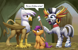 Size: 4938x3220 | Tagged: safe, artist:tsitra360, derpibooru import, gilda, scootaloo, zecora, griffon, pegasus, pony, zebra, aqua teen hunger force, billywitchdoctor.com, commission, female, filly, high res, mask, scootachicken, scootaloo is not amused, sitting, staff, unamused