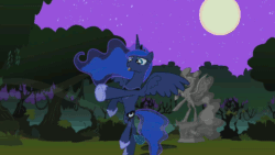 Size: 1280x720 | Tagged: safe, screencap, princess luna, alicorn, pony, luna eclipsed, animated, cloud, cloudy, everfree forest, flapping, flying, forest, gesture, magic, moon, nightmare night, pose, shaking, solo, statue, storm, traditional royal canterlot voice, weather control, wind