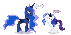 Size: 2000x1000 | Tagged: safe, artist:ohitison, princess luna, rarity, alicorn, pony, unicorn, testing testing 1-2-3, big no, clothes, fake wings, lunarity, no, speech bubble, tabitha st. germain, voice actor joke