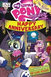 Size: 1024x1554 | Tagged: safe, artist:andypriceart, idw, applejack, princess cadance, princess luna, queen chrysalis, shining armor, alicorn, changeling, changeling queen, earth pony, pony, unicorn, andy you magnificent bastard, chair, comic, cover, female, male, mare, meta, moon, shining armor is a goddamn moron, sitting, stallion, table