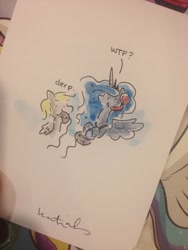 Size: 768x1024 | Tagged: safe, artist:katiecandraw, derpy hooves, princess luna, alicorn, pegasus, pony, :<, :o, :t, biting, chibi, confused, controller, cute, derp, derpabetes, eating, female, gamer luna, headset, hoof hold, irl, lunabetes, mare, mouth hold, nom, open mouth, photo, puffy cheeks, raised eyebrow, traditional art, wat, wtf