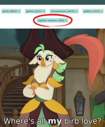 Size: 660x800 | Tagged: safe, derpibooru import, edit, edited screencap, screencap, captain celaeno, gabby, gallus, gilda, silverstream, anthro, bird, parrot, my little pony: the movie, birb, cropped, crossed arms, derpibooru, female, hat, meta, parrot pirates, pirate, pirate hat, sad, solo, text