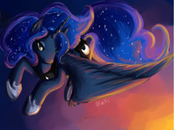 Size: 1600x1200 | Tagged: safe, artist:maexis, princess luna, alicorn, pony, female, flying, horn, mare, solo