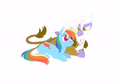 Size: 9110x6300 | Tagged: safe, artist:vio-creayta, derpibooru import, gilda, rainbow dash, griffon, pegasus, pony, absurd resolution, alternate design, female, gildash, lesbian, prone, shipping, simple background, white background