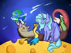 Size: 800x600 | Tagged: safe, artist:kkitsu, discord, princess luna, alicorn, pony, cheese, edible heavenly object, female, lunacord, male, moon, s1 luna, shipping, straight