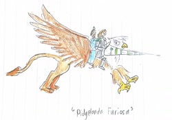 Size: 1280x897 | Tagged: safe, artist:horsesplease, derpibooru import, gilda, human, chinese, female, flying, italian, knight, lance, lined paper, male, orlando furioso, pidge, prince, traditional art, unamused, voltron, voltron legendary defender, weapon