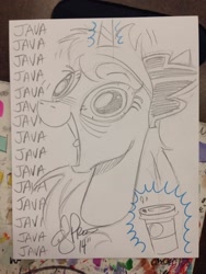 Size: 852x1136 | Tagged: safe, artist:andypriceart, princess luna, alicorn, pony, caffeine, coffee, dilated pupils, espresso, george of the jungle, hyperactive, java, java java java java, little tongue, luna found the coffee, luna loves coffee, magic, open mouth, smiling, solo, telekinesis, tongue out, traditional art, wide eyes, xk-class end-of-the-world scenario