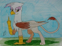 Size: 4032x3024 | Tagged: safe, artist:darthalex70, derpibooru import, gilda, griffon, happy, middle finger, solo, traditional art, vulgar