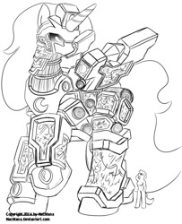 Size: 650x800 | Tagged: safe, artist:nachtana, princess luna, anthro, hordes, mecha, monochrome, solo, warmahordes