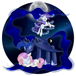 Size: 1000x1000 | Tagged: safe, artist:swanlullaby, princess luna, rarity, sweetie belle, alicorn, pony, unicorn, dream walker luna, magic, moon, nuzzling, sleeping