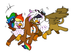 Size: 1280x959 | Tagged: safe, artist:ghoul--doodle, derpibooru import, gilda, oc, oc:rainbow feather, griffon, cute, female, flying, goggles, interspecies offspring, magical lesbian spawn, mother and child, mother and daughter, offspring, parent and child, parent:gilda, parent:rainbow dash, parents:gildash, rainbow feather, simple background, talking, transparent background