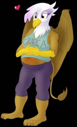 Size: 778x1280 | Tagged: safe, artist:sixes&sevens, derpibooru import, gilda, anthro, griffon, plantigrade anthro, belly, belly button, big belly, black background, breasts, clothes, female, floating heart, gil-zongas, hands on belly, heart, midriff, mom gilda, outie belly button, pants, pregnant, simple background, smiling, solo, tanktop