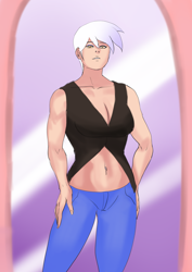 Size: 1448x2048 | Tagged: safe, artist:annon, derpibooru import, gilda, human, clothes, cyoa, female, humanized, jeans, mirror, muscular female, pants, skinny jeans, sleeveless, solo