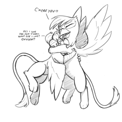 Size: 1280x1280 | Tagged: safe, artist:captainhoers, derpibooru import, gilda, oc, oc:rainbow feather, griffon, hippogriff, female, grayscale, hug, interspecies offspring, magical lesbian spawn, monochrome, mother and child, mother and daughter, offspring, parent and child, parent:gilda, parent:rainbow dash, parents:gildash, simple background, white background