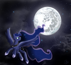 Size: 4032x3713 | Tagged: safe, artist:london13ridges, princess luna, alicorn, pony, cloud, cloudy, flying, mare in the moon, moon, night, solo, stars