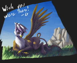 Size: 1239x1016 | Tagged: safe, artist:eqlipse, derpibooru import, gilda, griffon, bedroom eyes, female, grass, looking at you, painterly, prone, sky, solo, spread wings, wings