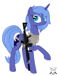 Size: 1836x2352 | Tagged: safe, artist:shadawg, princess luna, alicorn, pony, clothes, gun, s1 luna, simple background, solo, transparent background, vest, weapon
