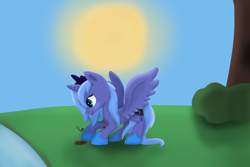 Size: 1500x1000 | Tagged: safe, artist:creeperoxx, princess luna, alicorn, ladybug, pony, filly, flower, s1 luna, solo, sunset, woona