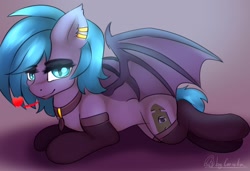 Size: 1900x1300 | Tagged: safe, artist:cornelia_nelson, oc, oc:belfry towers, bat pony, clothes, collar, cute, female, festral, stockings, thigh highs