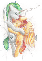 Size: 1484x2132 | Tagged: safe, artist:cornelia_nelson, oc, oc only, oc:cornelia nelson, oc:darkujio, cuddling, cute, darkelia, hug, lying, lying together, sleeping, traditional art